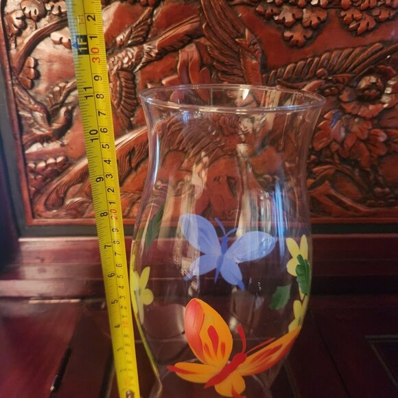 Hand Painted Glass Hurricane Candle Holder with Butterflies & Flowers 11" H - Picture 8 of 11